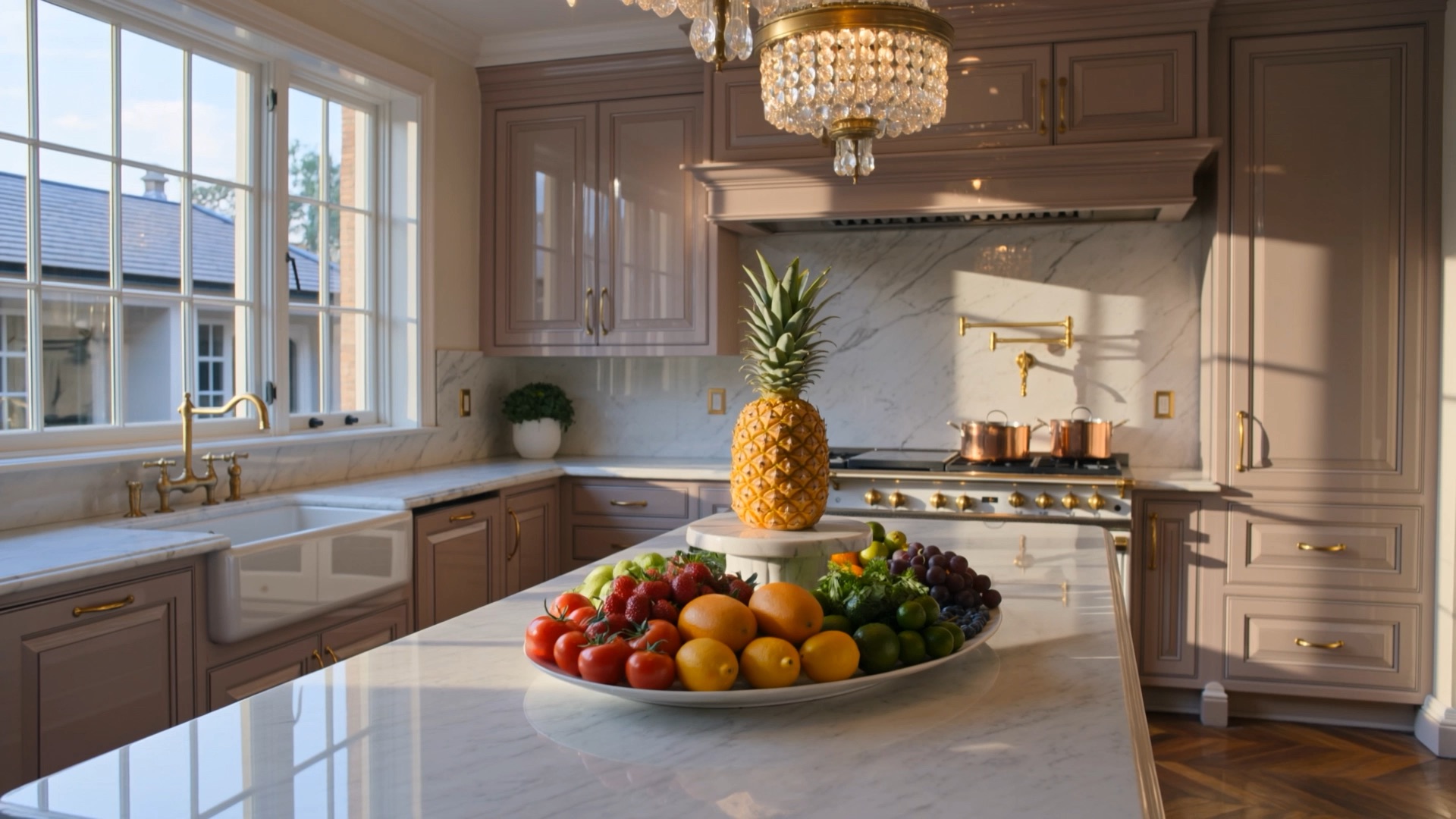 The PINKMADE kitchen — marble island, gold pot filler, and a pineapple welcome