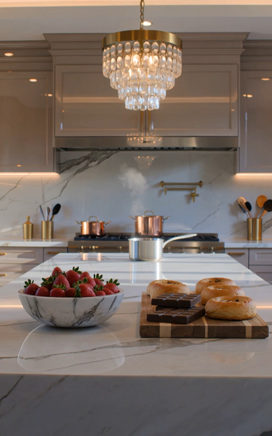 The PINKMADE cookbook — a luxury marble kitchen with strawberries and chocolate