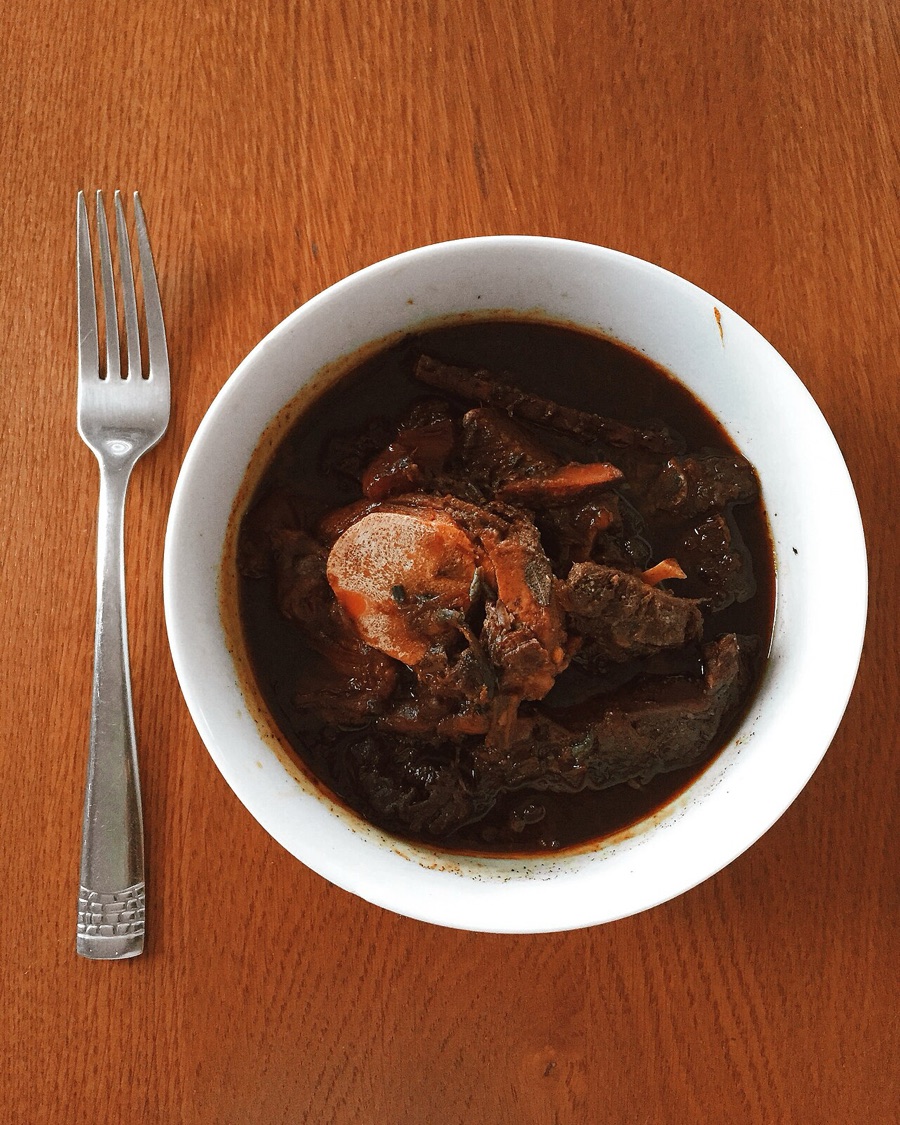 Pepperpot — beef dark and glossy in cassareep gravy